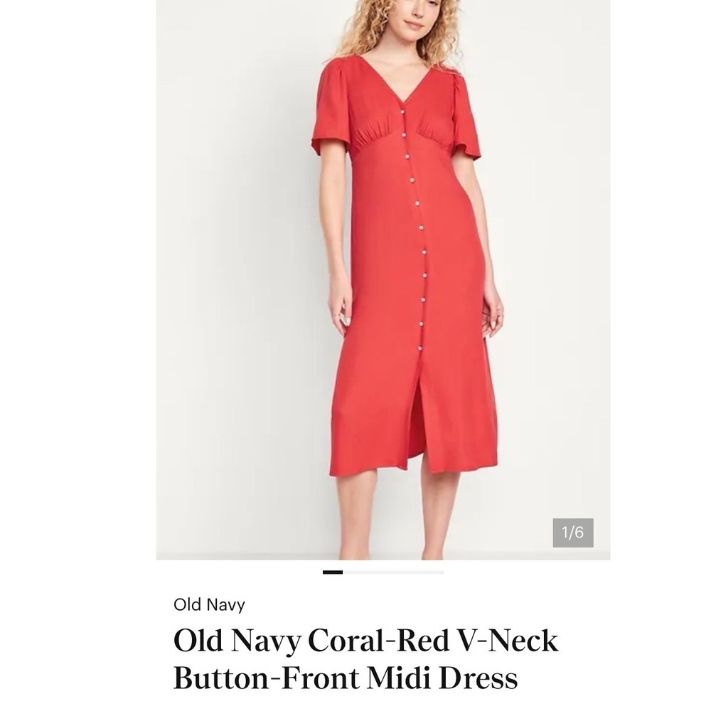 Old Navy Coral Red V-Neck Button-Front Midi Dress‎ Short Sleeve XXL